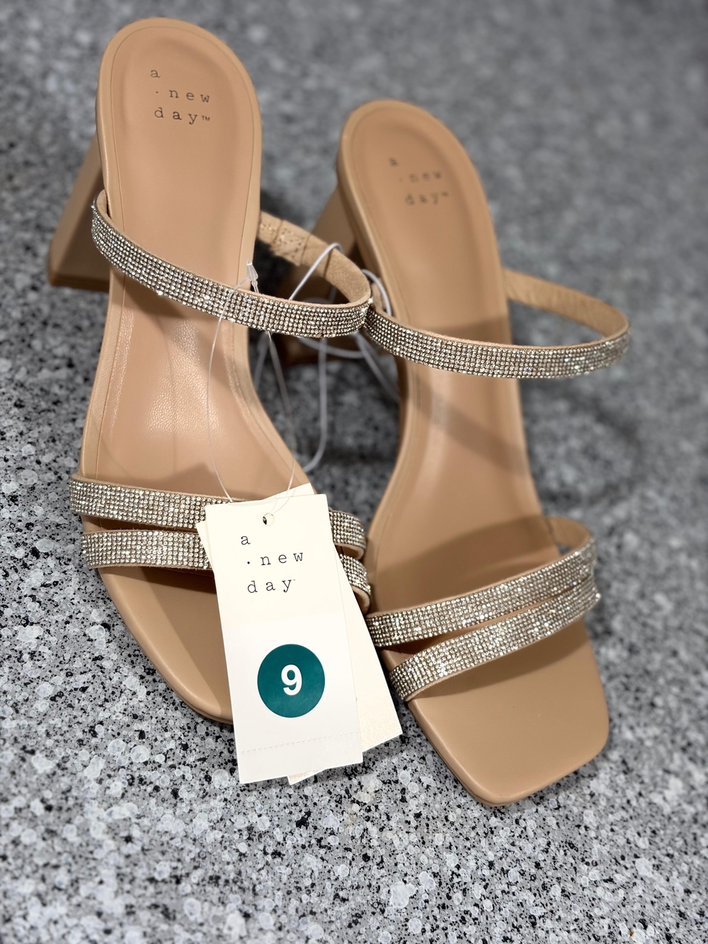a new day Tan Rhinestone Strap Block Heel Sandals